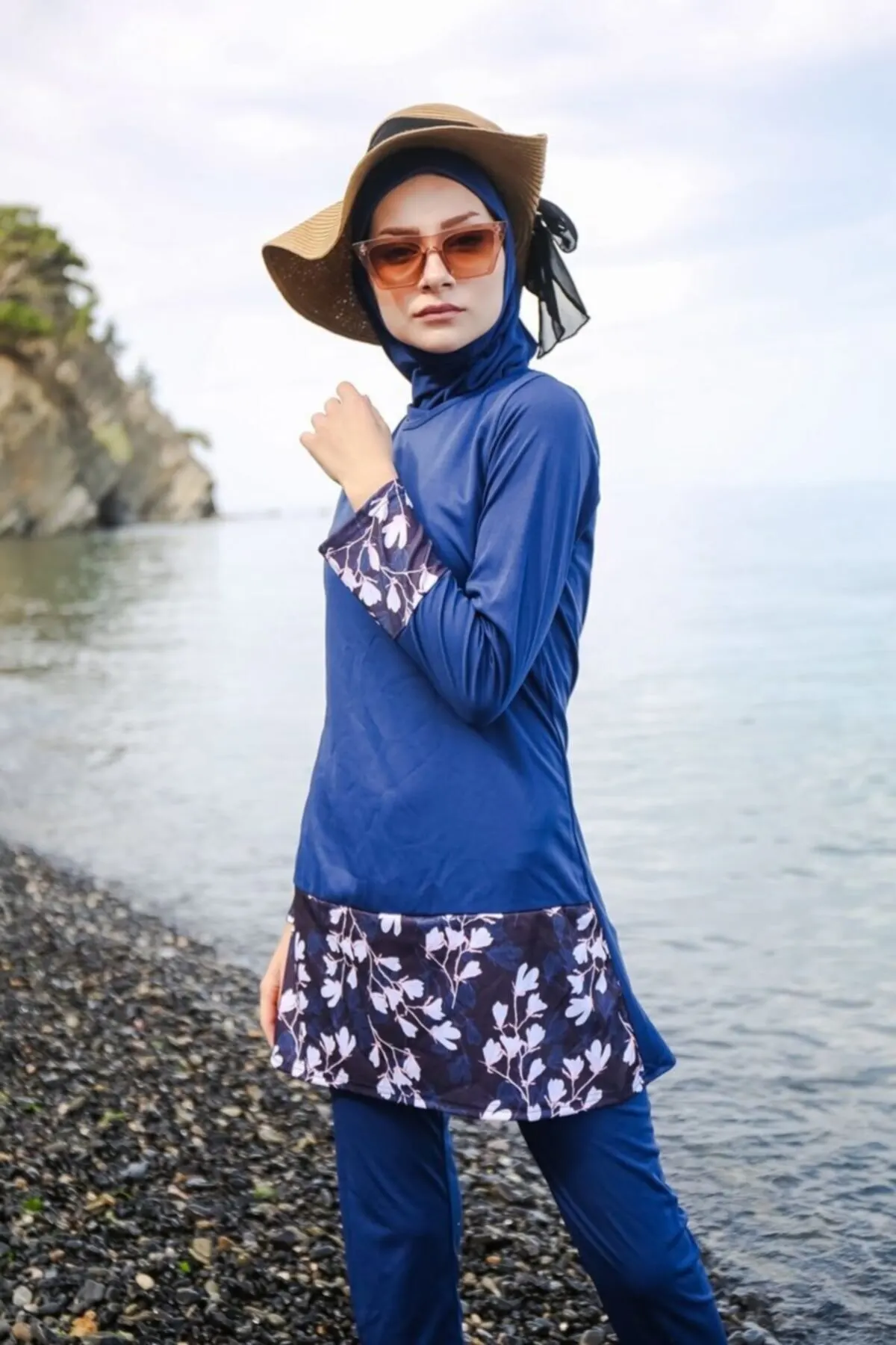 

Muslim Burkinis Patterned both Fully Covered R Navy Blue Swimwear Modest Summer Clothing Hijab Sport Swimsuit
