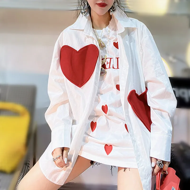 

Autumn Spring Ladies Blouses Shirt Fashion Woman Blouses Chic Big Red Hearts Appliques Long Sleeve Women's Loose Shirt SY024