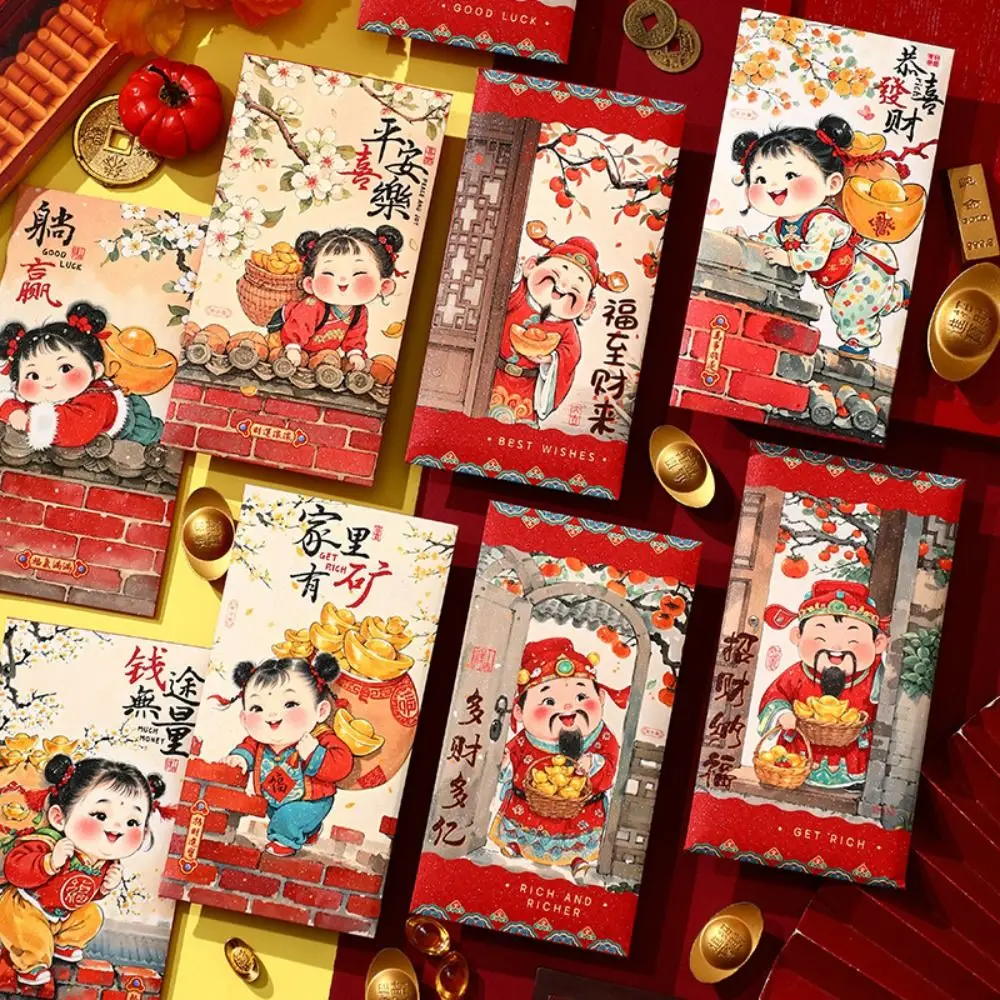 Фото 6 шт. традиционные китайские новогодние красные конверты с благословением, утолщенный бог богатства, сумка для денег, Хунбао, удача, красный карман №3