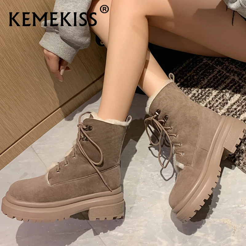 

KemeKiss New Women Ankle Boots Real Leather Thick Fur Warm Winter Shoes Woman Fashion Daily Club Snow Boots Footwear Size 34-40