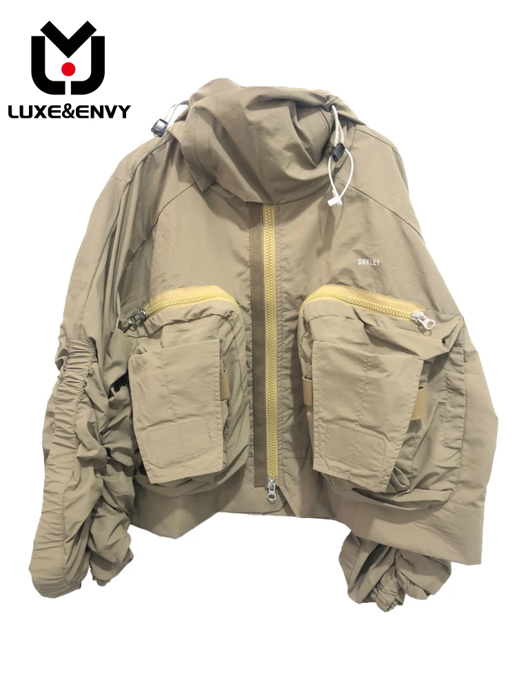 

LUXE&ENVY Short Design Style Retractable Cuffs Stand Collar Hooded Men's Jacket High Street Darkwear Coat
