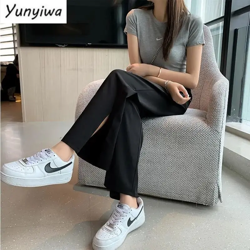 

Pants Women Summer Fashion Korean Style Baggy Wide Leg Harajuku Black Ladies Trouser Vintage High Waisted Slit Streetwear Casual