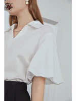 fsle white khaki v neck french lantern sleeve shirt pullover white short sleeve women tops 2021 new summer women clothes