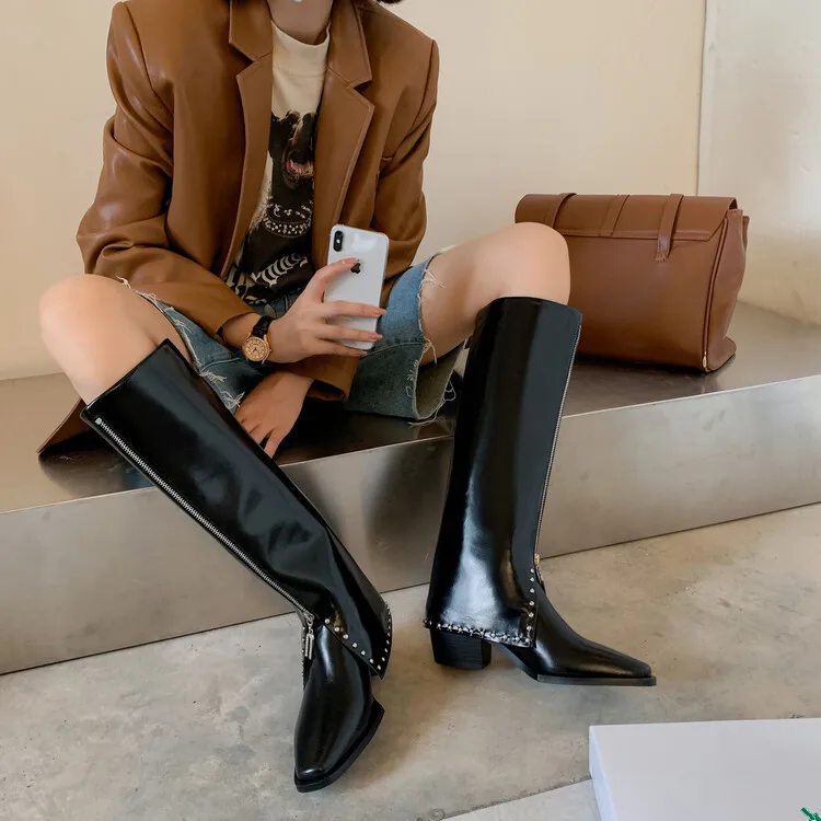

Стильные дизайнерские женские длинные сапоги для верховой езды в стиле панк, зимние сапоги до колена на высоком каблуке, мотоциклетные сапо...