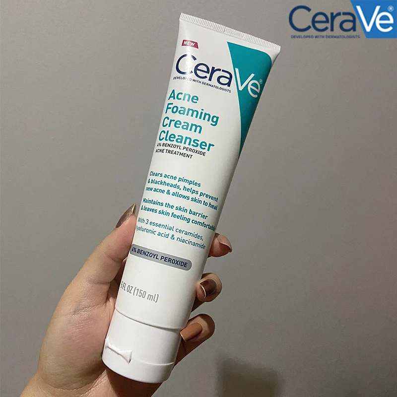 

Original CeraVe Acne Foaming Cream Cleanser Foaming 4% Benzoyl Peroxide Acne Face Wash Niacinamide Skin Repair 150ML