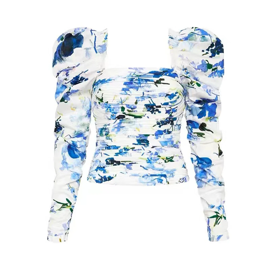 

1 - Women Blouse 2022 Autumn High Quality Blue Floral Print Ruched Long Sleeve Designer Clothes
