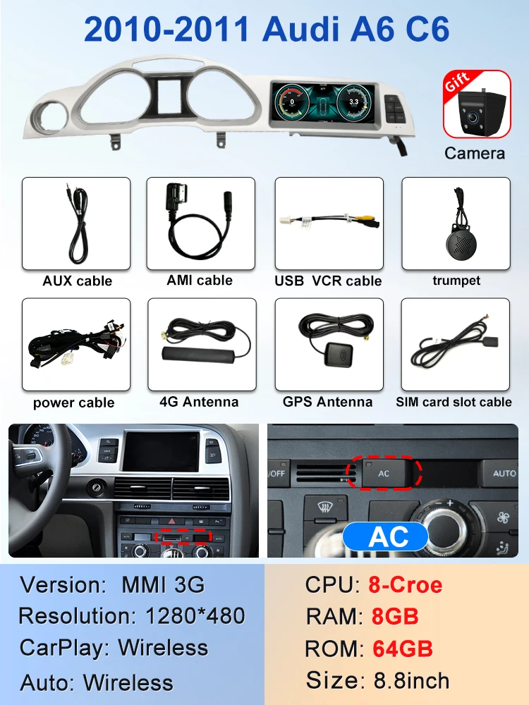 

2024 Новый автомобильный мультимедийный беспроводной Android AUTO CarPlay 8,8-дюймовый экран для AUDI A6 C6 2005-2011 лет Автомобильные видеоплееры GPS NAVI