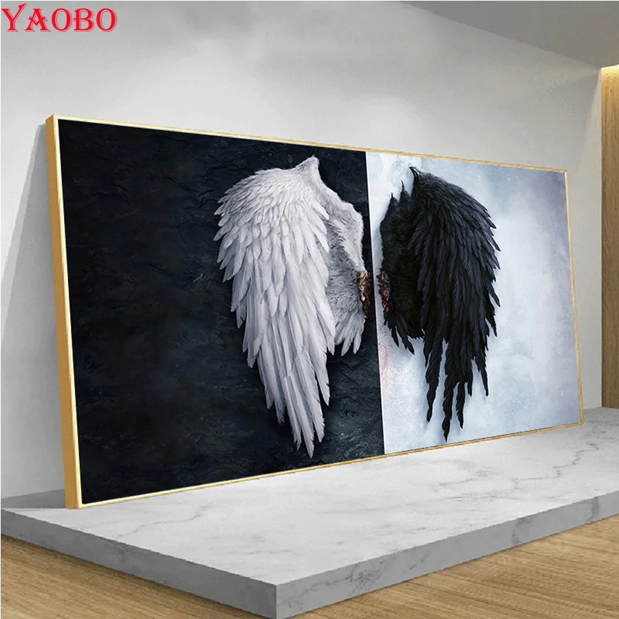 

5D алмазная живопись, черно-белые мощные крылья пера, полная Алмазная вышивка стразы, картины, наборы для вышивки крестиком, мозаика