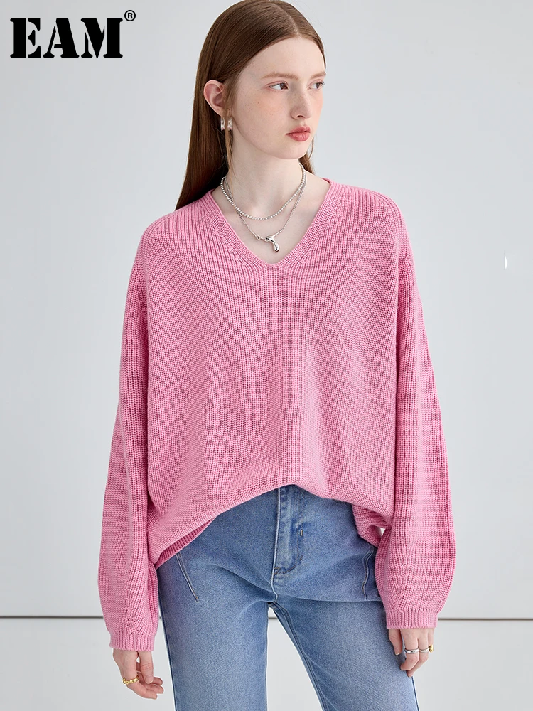 

[EAM] pink Color Big Size Irregular Knitting Sweater V-Neck Long Sleeve Women Pullovers New Fashion Autumn Winter 2022 1DF0325