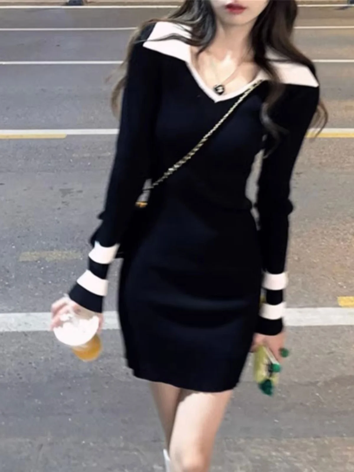 Французское трикотажное платье High Sense с v-образным вырезом женское ранняя осень