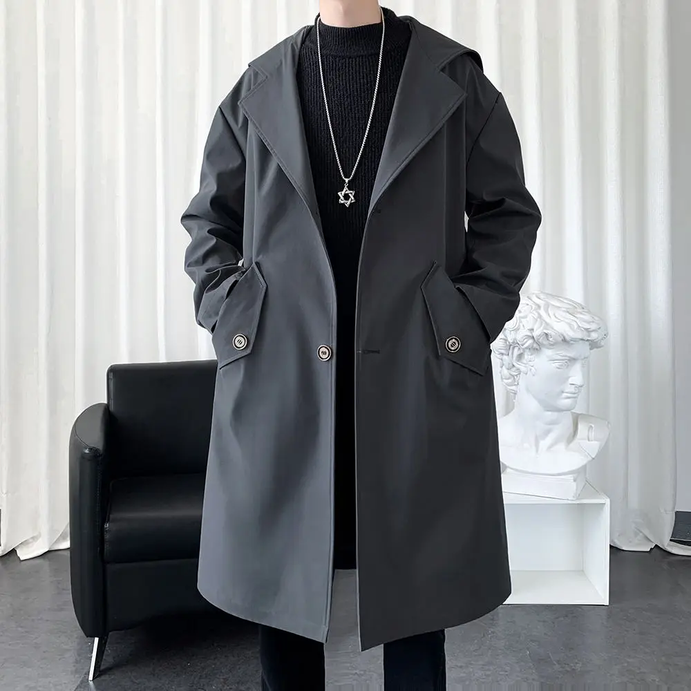 

2022 New Autumn Mid-length Trench Male Loose Solid Oversize Single Breasted Overcoat Trendy Personality Casual Windbreaker Q65