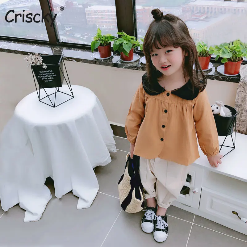 

Criscky Girl Blouses Clothes Baby Spring Shirts Toddler Infant Solid Tees Tops Kids Shirt Lapel Collar Contrast Children's Shirt