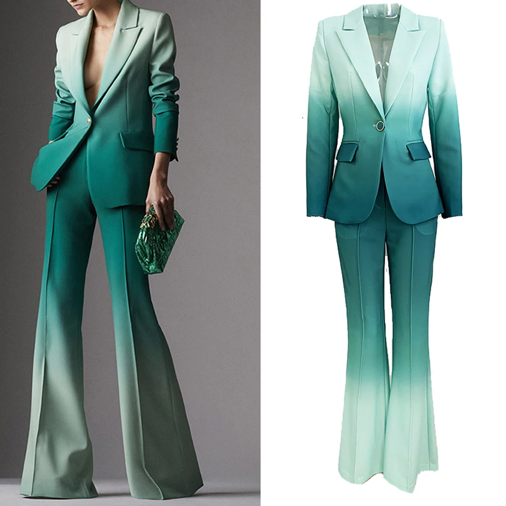 

Новинка 2023, модный темпераментный костюм с градиентными звездами в европейском и американском стиле, Женский комплект из двух предметов с расклешенными брюками