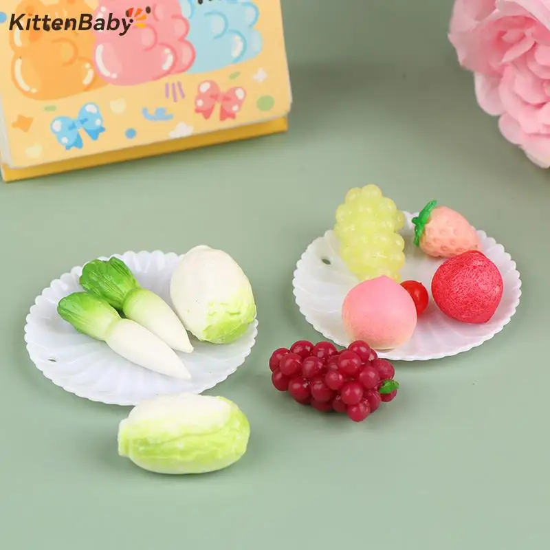 

1Set 1:12 Dollhouse Miniature Fruit Platter Vegetable Platter Simulation Cabbage Radish Grape Peach With Tray Kitchen Model Toy