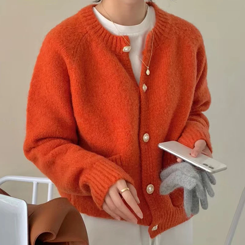 

Knit Cardigan Sweaters Woman Autumn Winter 2021 Korean Pearl Button Up Raglan Sleeve O-Neck Pockets Casual Short Pink Sweater