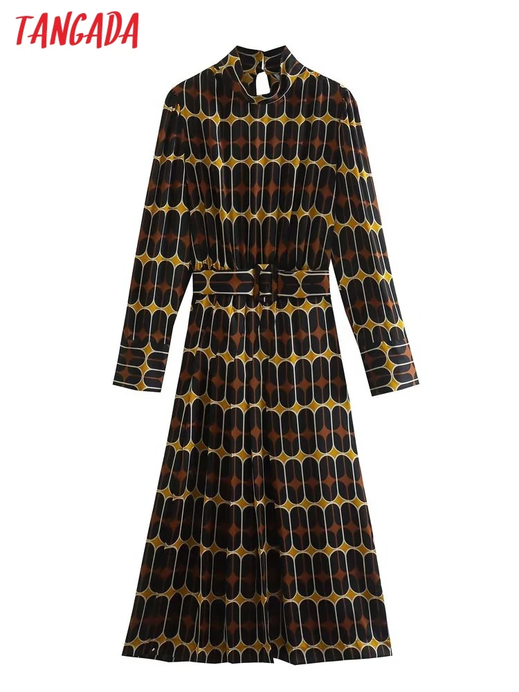 

Tangada new women Geometry print dress with belt office ladies midi dress 5Z111