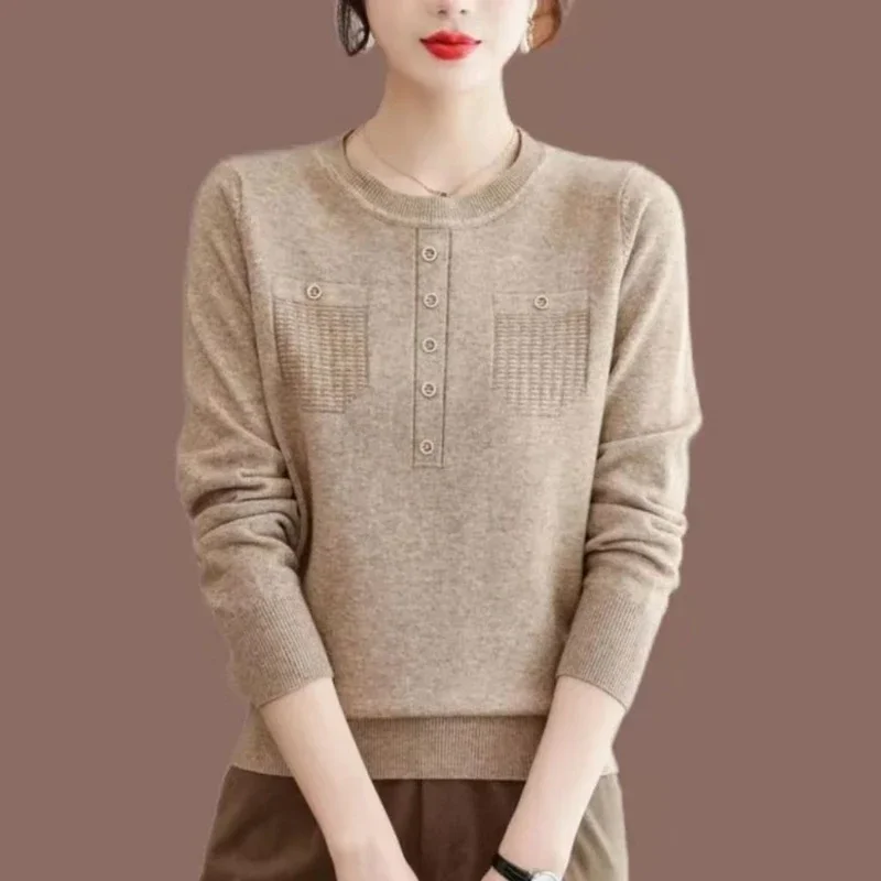

Black Round O Neck Knitted Top for Women Yellow Ladies Sweaters Pullover Winter Button Autumn 2023 Y2k Vintage Thermal Blouse