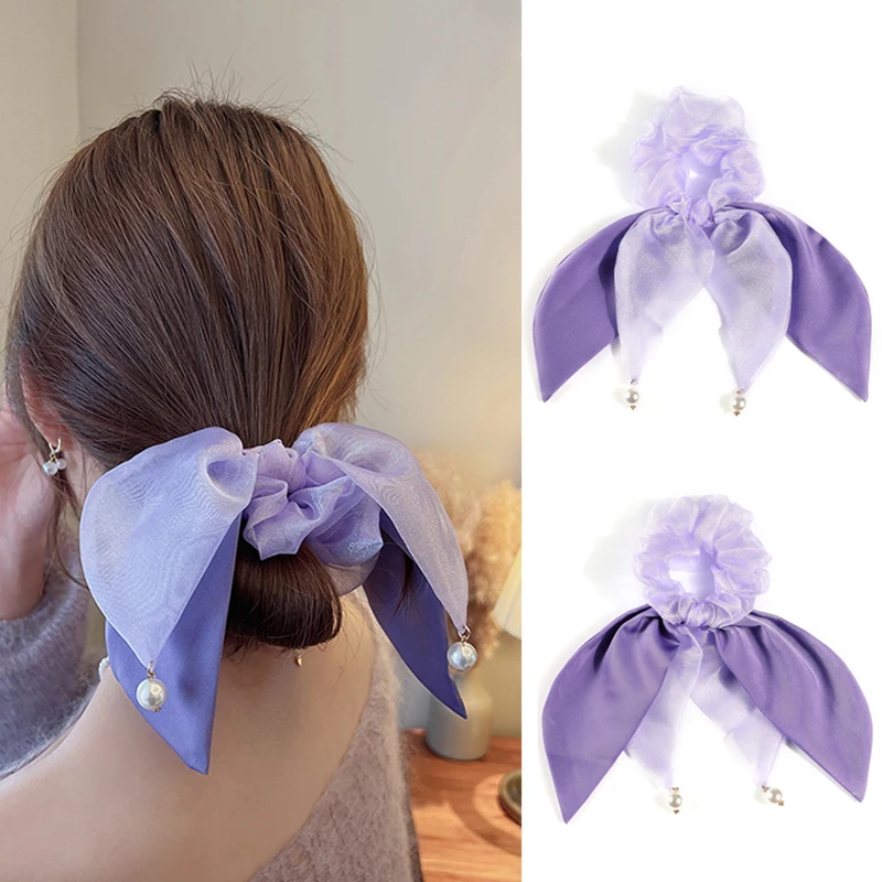 

Spring New Periwinkle Blue Ribbon Hair Rope Pearls Pendant Hair Ties Women Ponytail Scrunchies Organza Satin Elastic Hair Band