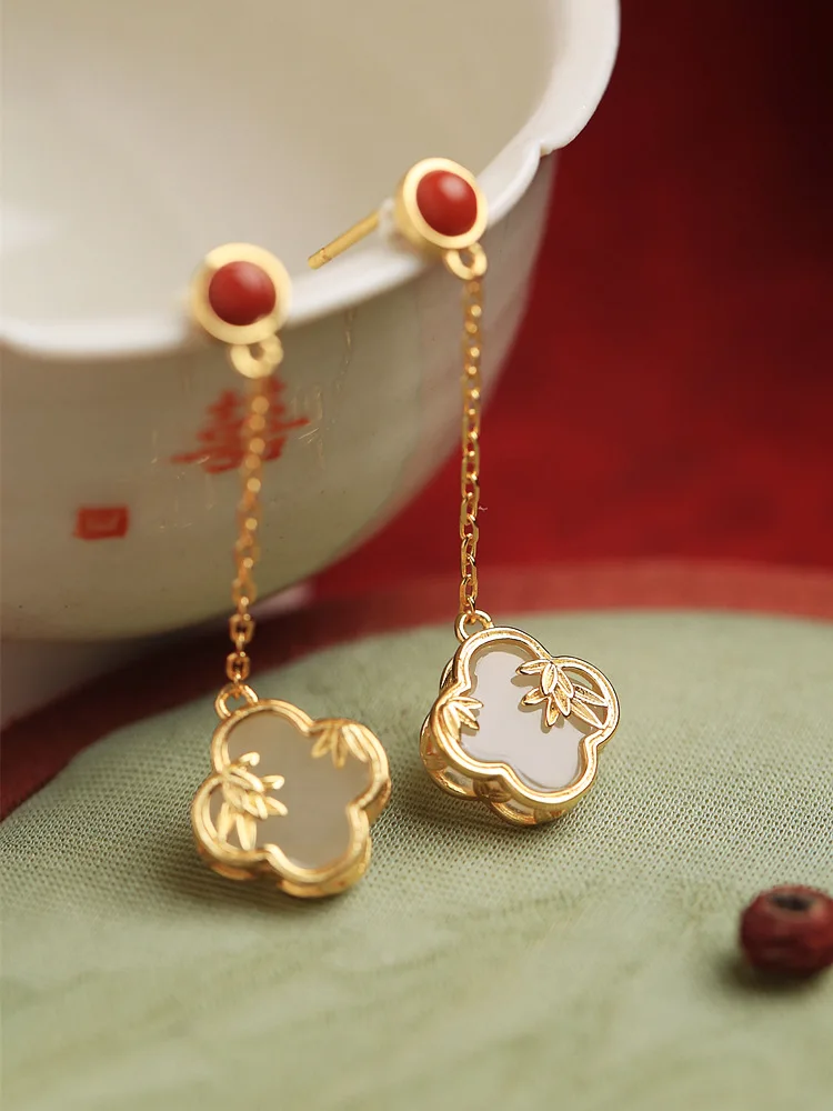 

Ancient Gold Hetian Jade Sterling Silver 18K Gold Plating Clover Earrings Women's Light Luxury Temperament Palace Antiquity