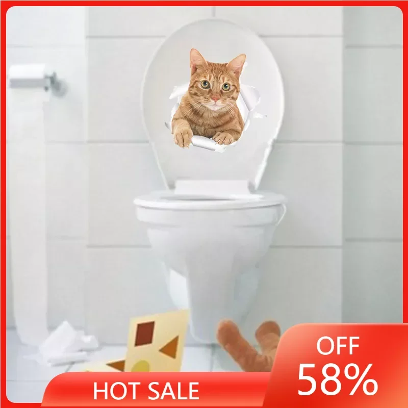 

Funny Cat Wall Stickers For Toilet Bathroom Decoration Cartoon Kitten Animal Mural Art Diy Home Decals 3D Posters