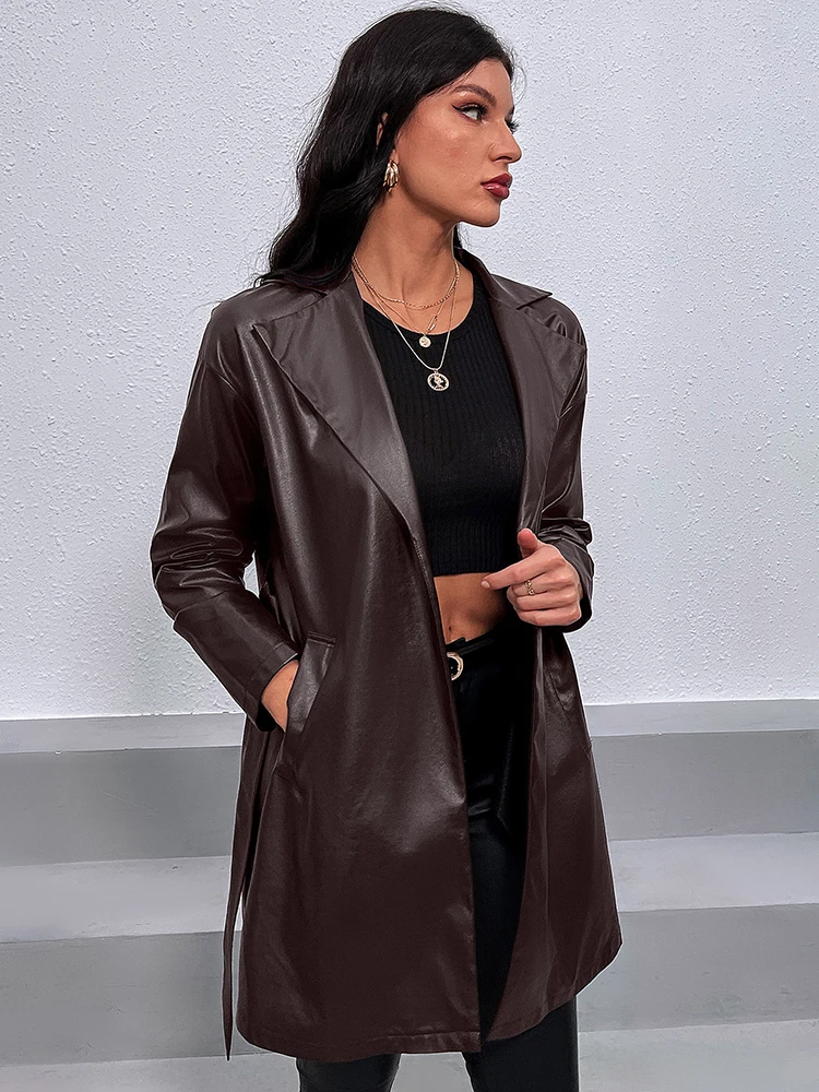 Autumn Winter Faux Leather Blazer Women Fashion Moto Biker Pu Leather Jacket Elegant Belted Long Cardigan Casual Streetwear 2022