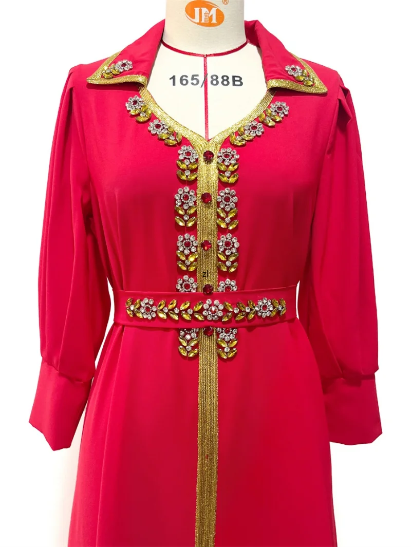 Dubai Abaya Luxury For Muslim Women Elegant lFloral Embroidery Diamonds Lace Tape Belted Kaftan Abayat Ramadan Dress