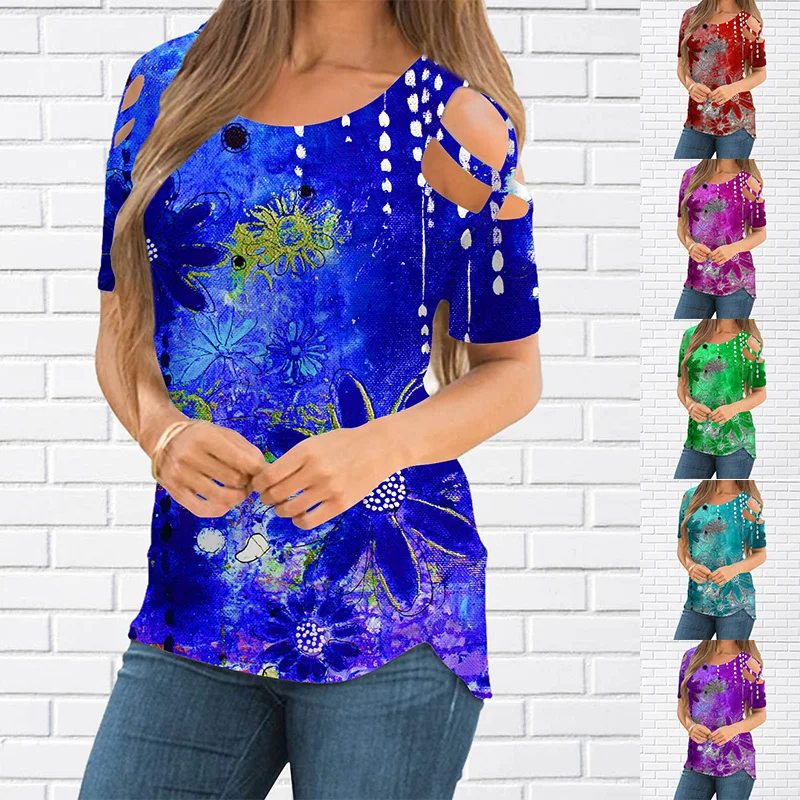 

Women's Summer Fashion Floral Theme T Shirt Floral Plants Round Neck Shirt Basic Plus Size Tops Rainbow / 3D Print Pullover 2022
