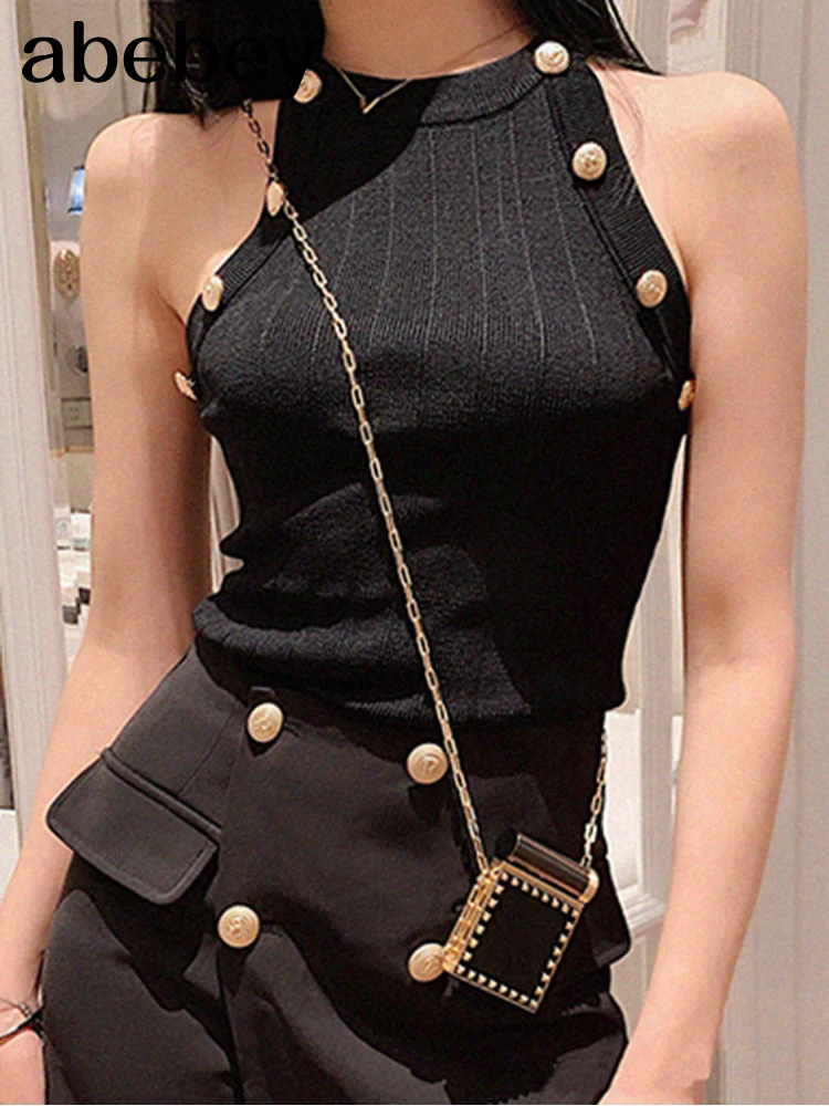 

High Quality 2022 Summer New Hollow Out Womens Tank Tops Thin Knitted Sleeveless Sexy Tops Golden Buttons Camisole Women Clothes