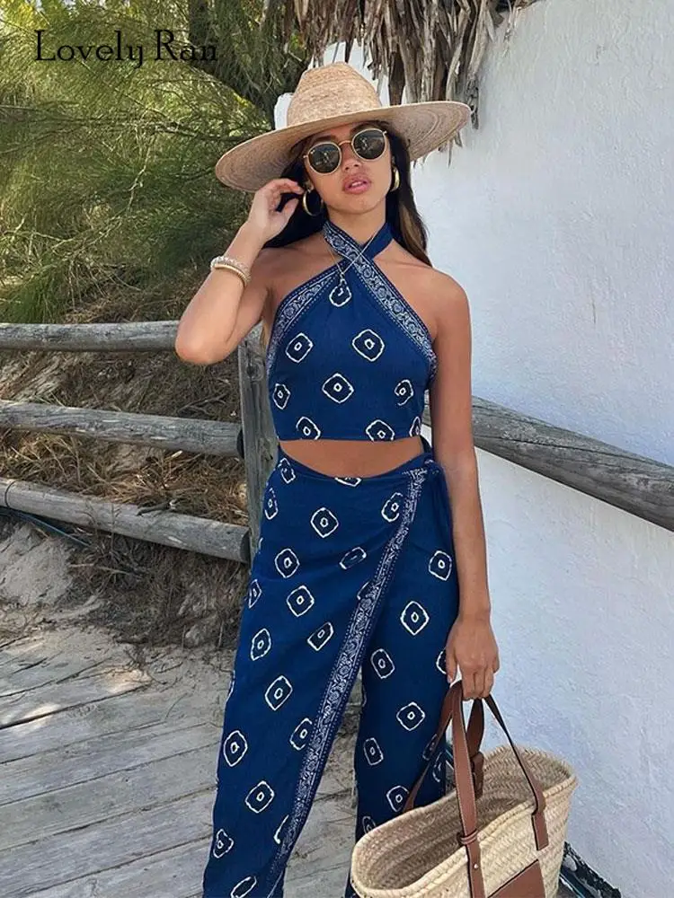 

Женский Повседневный костюм из двух предметов, Свободный укороченный топ с лямкой на шее и брюки на шнуровке в стиле ретро, костюм для отпуска, лето 2023