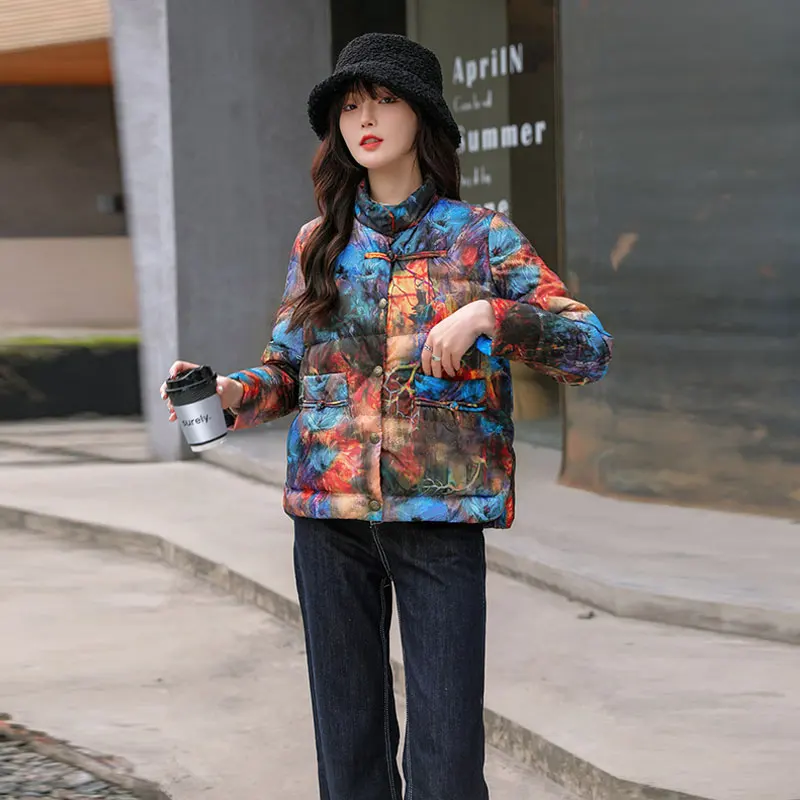 

Ethnic Style Down Jacket Women 2022 Winter literary Retro Cherry Blossom Stand Collar Buckle Short Light White Duck Down Coat