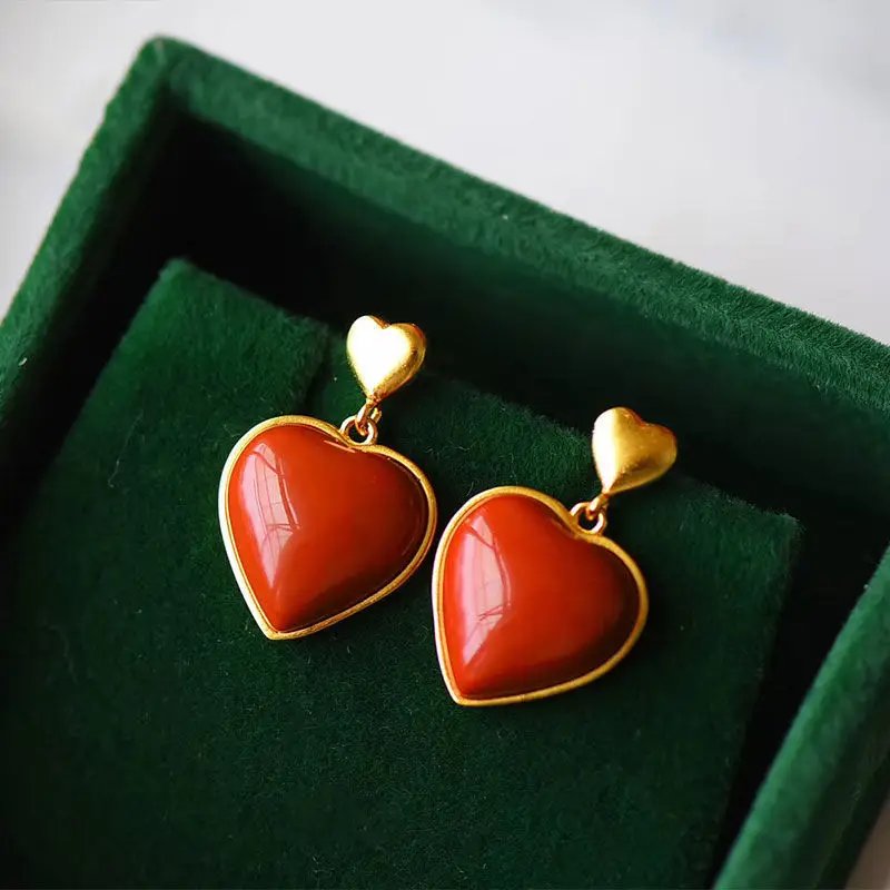 

Natural Stone Love Heart Stud Earrings S925 Sterling Silver Inlaid Thick Metalworking Fashion Design Simple Joker Women Earrings