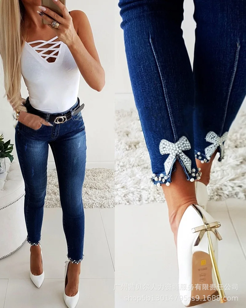 

2022 Fashion New Women's Beaded Bow Jeans Female & Lady Casual Commuter Skinny Pants