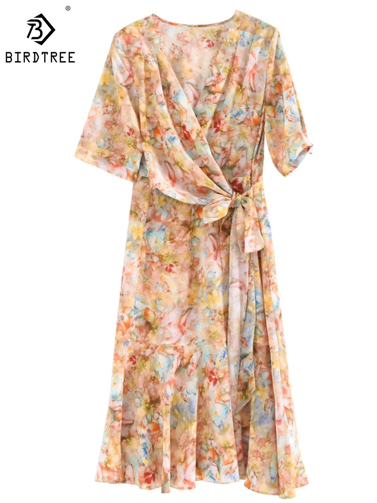 

Birdtree 16MM Crepe De Chine 100%Mulberry Silk French Dress With Floral V-neck Elegant Waist Mermaid Curve Midi Skirt D39915QD