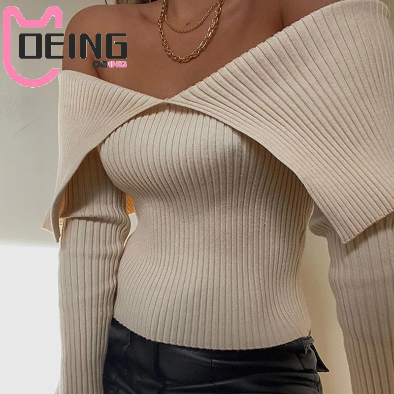 

OEING Chic Fashion Off Shoulder Ribbed Knitted Women's Top Fall Winter Long Sleeve Cropped Top Slim Streetwear Clothing