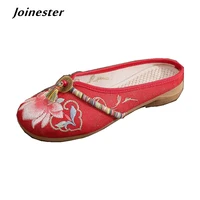 round toe embroidered linen slippers women ethnic casual outdoor mules with coin tassel low heeled female summer fabric slides