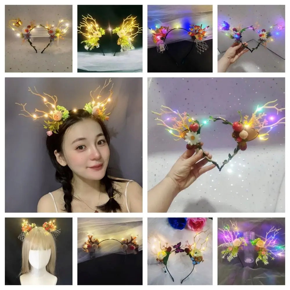 

Hair Hoop LED Christmas Headband Funny Flower LED Deer Ear Antler Headband Hair Ornament Luminous Glowing Headband Kid