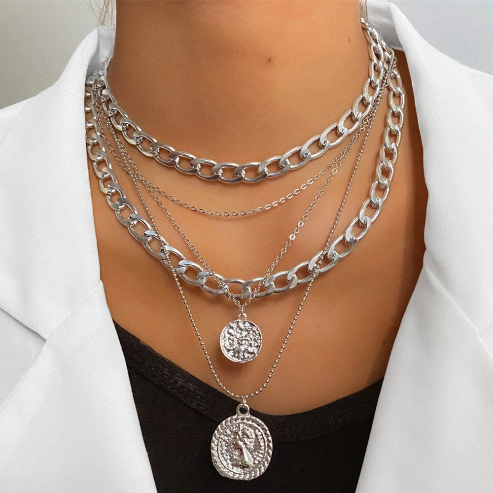 

2022 Vintage Multi Layered Coin Pendants Necklaces For Women Bohemia Chunky Thick Cuban Link Chains Lock Choker Necklace Jewlery