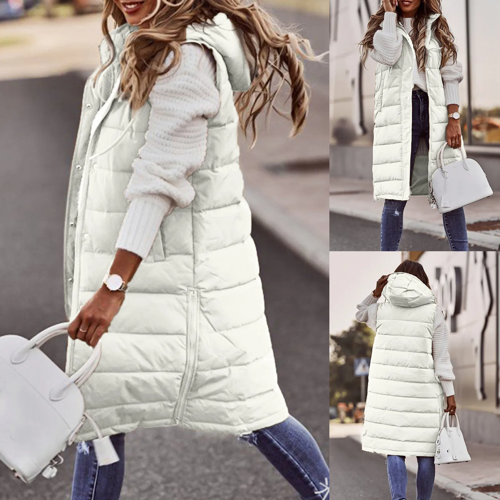 

Women's Long Coat Vest With Hoodies Autumn Winter Sleeveless Warm Cotton Down Coat Waistcoat Quilted Vest Down Jacket Outwear 5