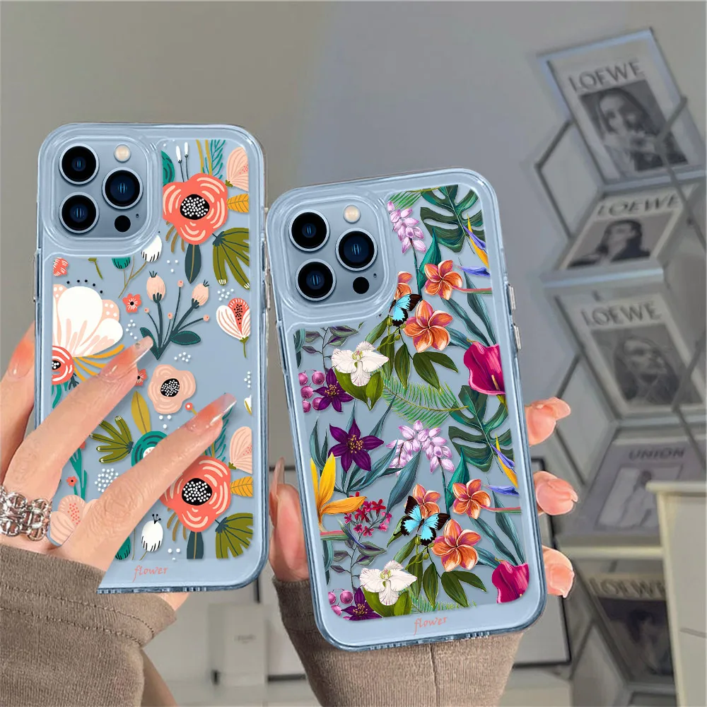 

Flower Leaves Transparent Shockproof Armor Case For IPhone 13 12 Mini 11 Pro Max X XR XS 7 8 Plus Soft Bumper Clear Hard Cover