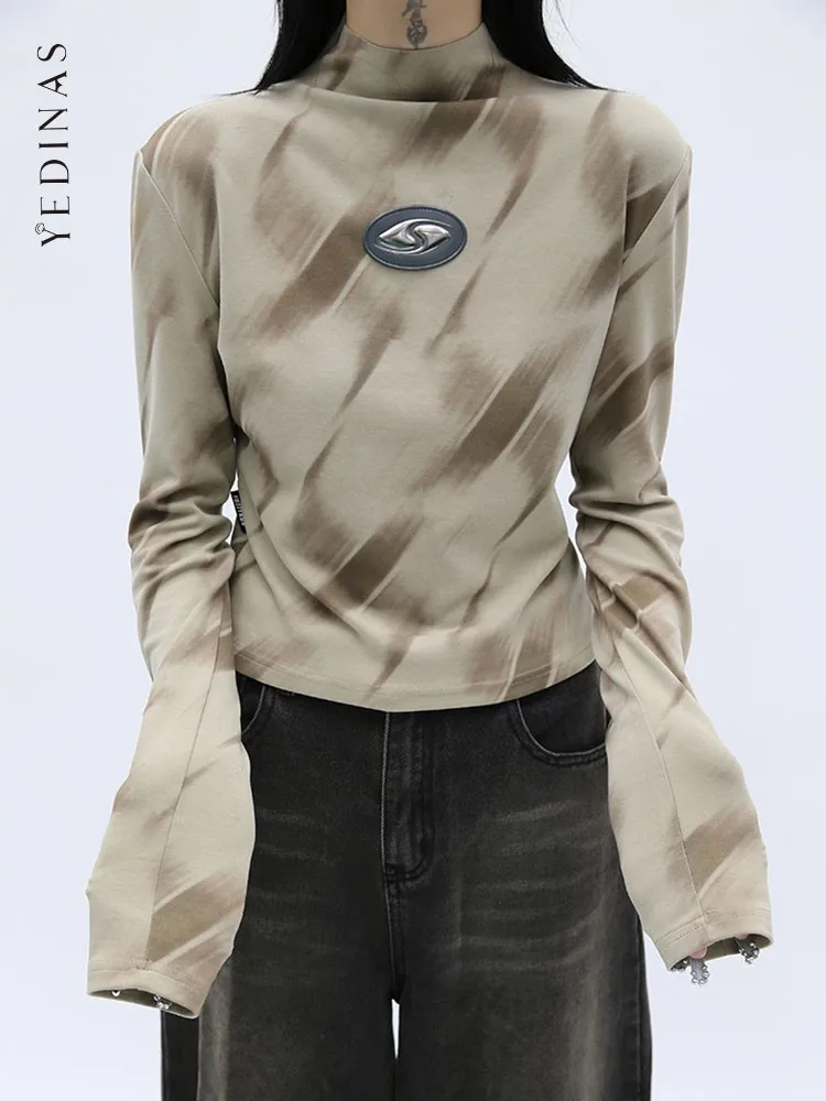 

Yedinas Tie Dye T Shirt Women Y2k Vintage Long Sleeve Turtleneck Tee Shirt Femme Slim Streetwear Tops Ladies Autumn Winter