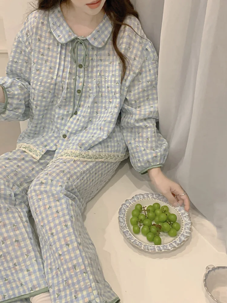 Женский клетчатый пижамный комплект с длинными рукавами S/M/L цвет в ассортименте