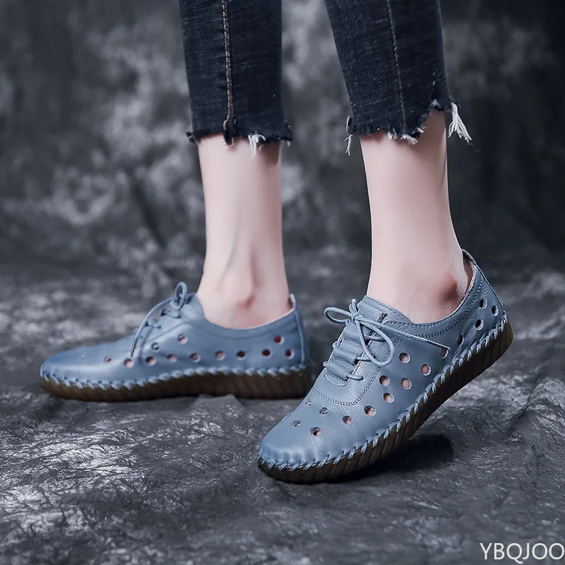 

Soft Sole Hollow Single Shoes Women 2022 Vintage Leather Low Heels Casual Shoes Woman Outdoor Lace Up Non Slip Loafers