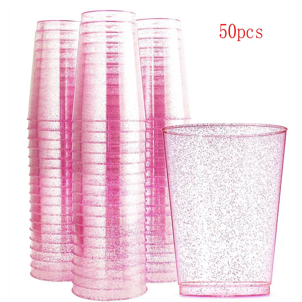 

50 Pieces Rose Gold Cup Disposable Rose Gold Sparkling Plastic Cup-High-End Wedding Pink Cup-Party Cup 12 Oz Ice Cream Cup