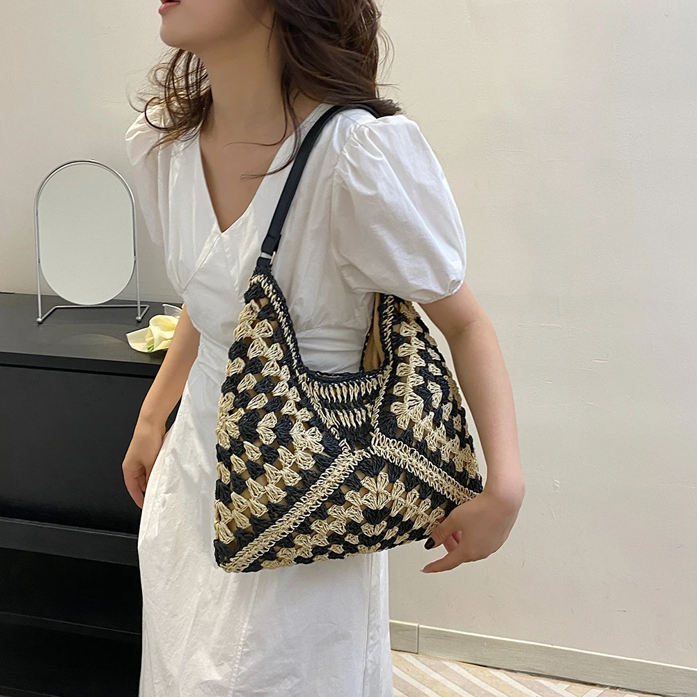 

Creative Handmade Straw Bag Fashion Hollowed Out Splicing Style Single Shoulder Crossbody Bag Summer Weave Beach Handbag