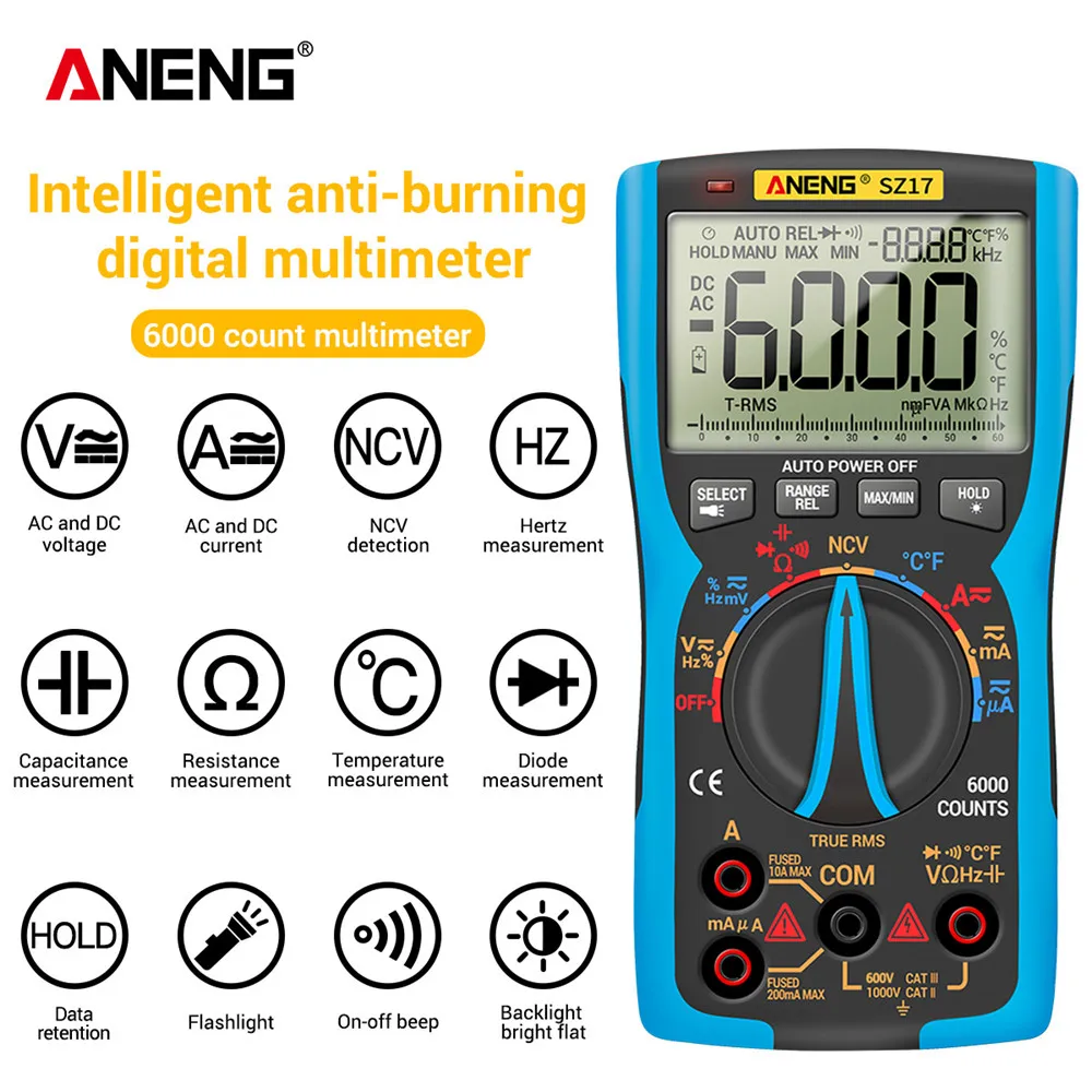 

ANENG SZ17 Digital Professional Multimeter DIY Transistor Capacitor NCV Detector Lcr Meter 6000 True RMS AC/DC Analog Tester