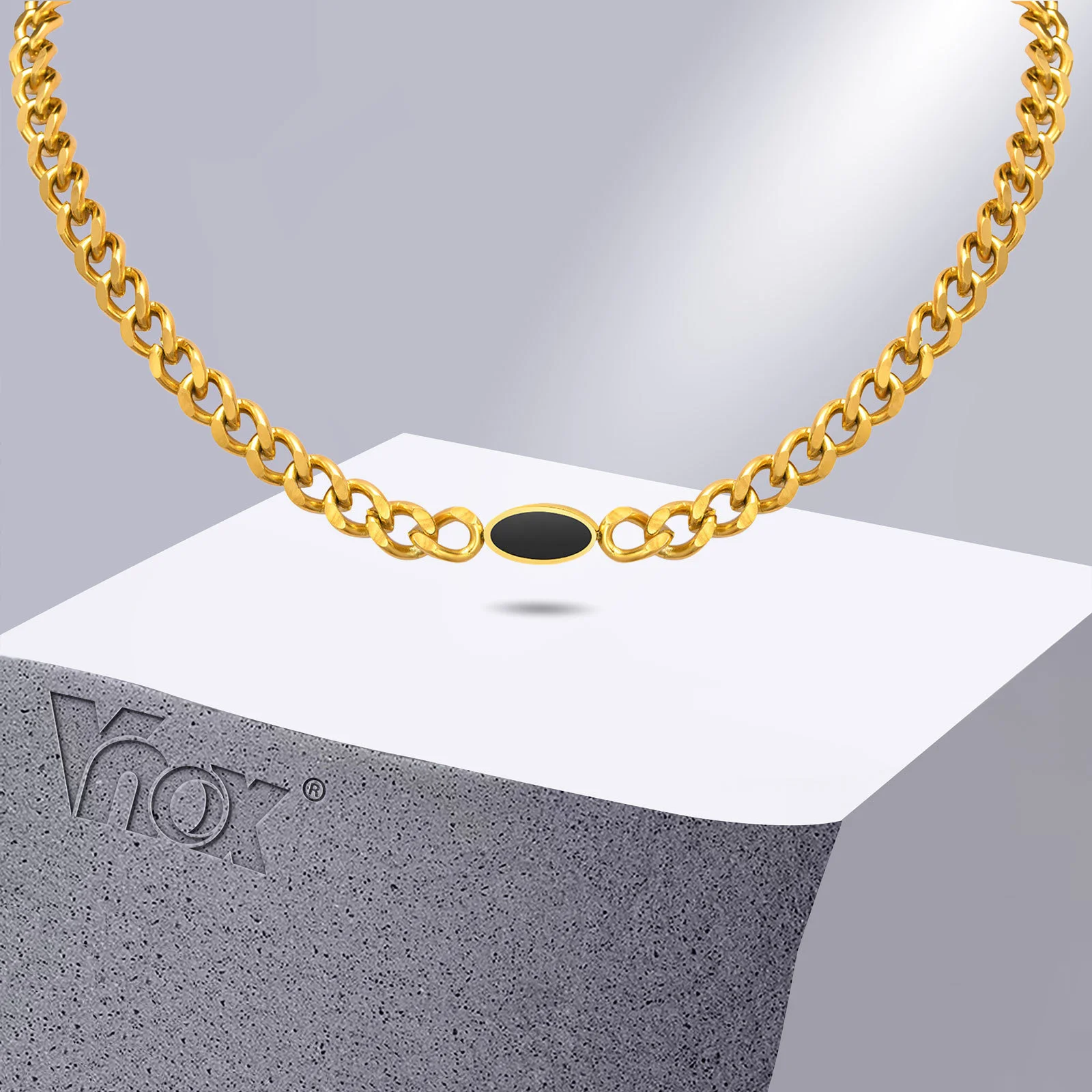 

Vnox Women Gold Color Curb Chain Necklaces, 7.6MM Stainless Steel Links Choker Collar with Black Charm Gifts Jewelry