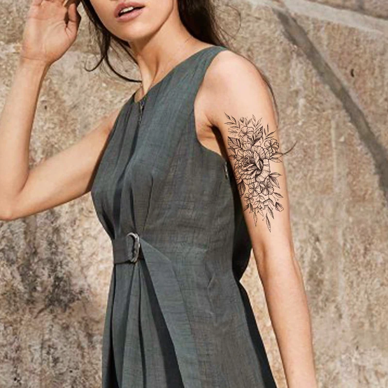 

Waterproof Temporary Tattoo Sticker Black Plain Flower Rose Leaves Design Fake Tattoos Flash Tatoos Arm Body Art for Women Girl