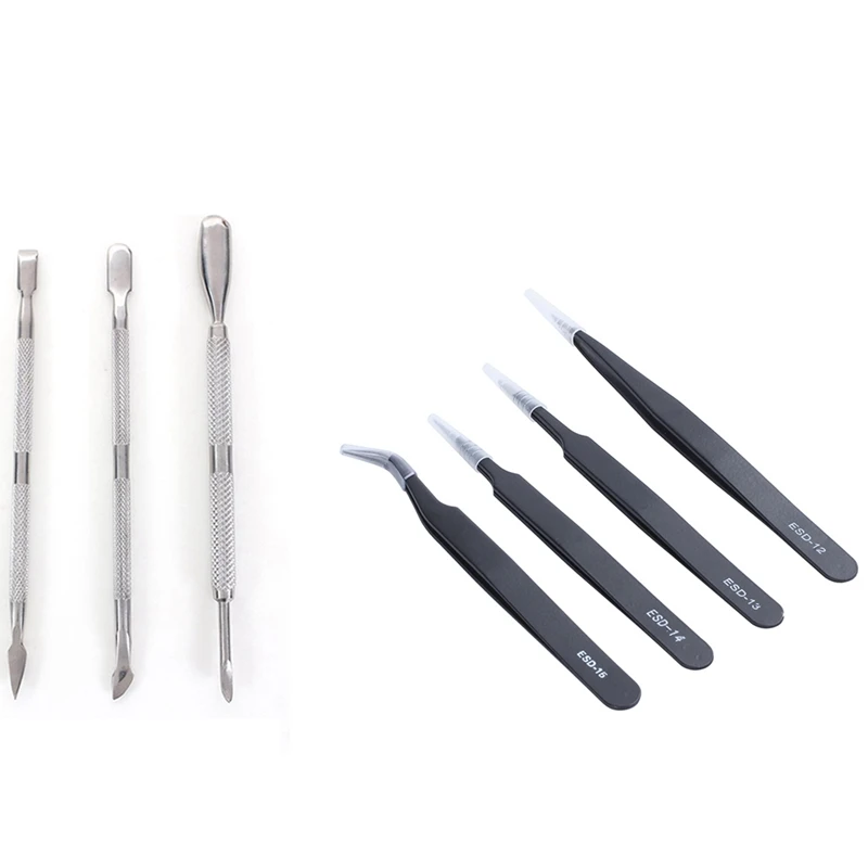 

3Pcs Stainless Steel Cuticle Spoon Remover Pusher Manicure Pedicure Set & 4X Metal Tweezers Anatomically ESD 12-15