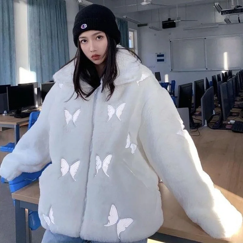 

Женское плюшевое пальто с длинным рукавом, плотное теплое пальто со светоотражающим Рисунком бабочки, свободная куртка в стиле Ins с отложным воротником, зима 2022