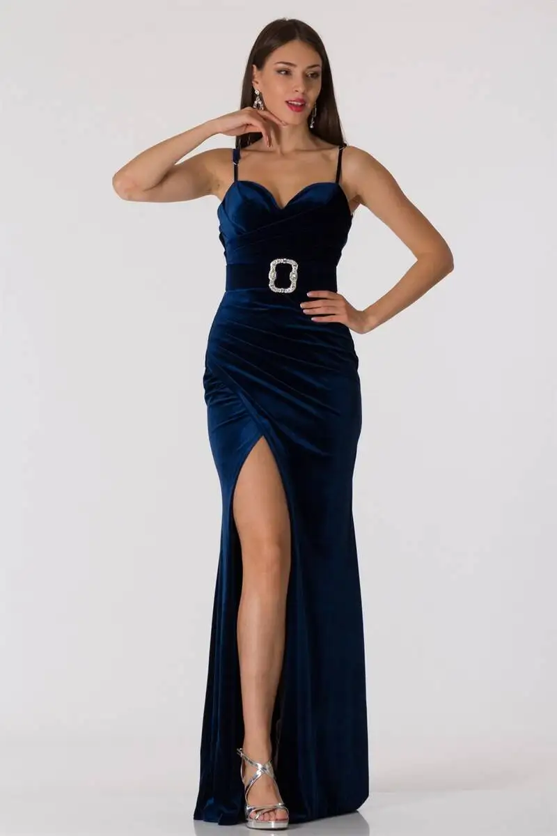

Women's Shoulder With Deep Slit Velvet Evening Dresses Navy Blue